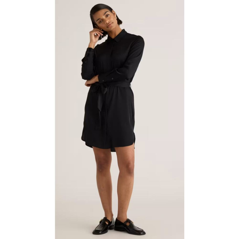 Quince Black Washable Silk Long Sleeve Shirt Dress Tie Waist Medium M